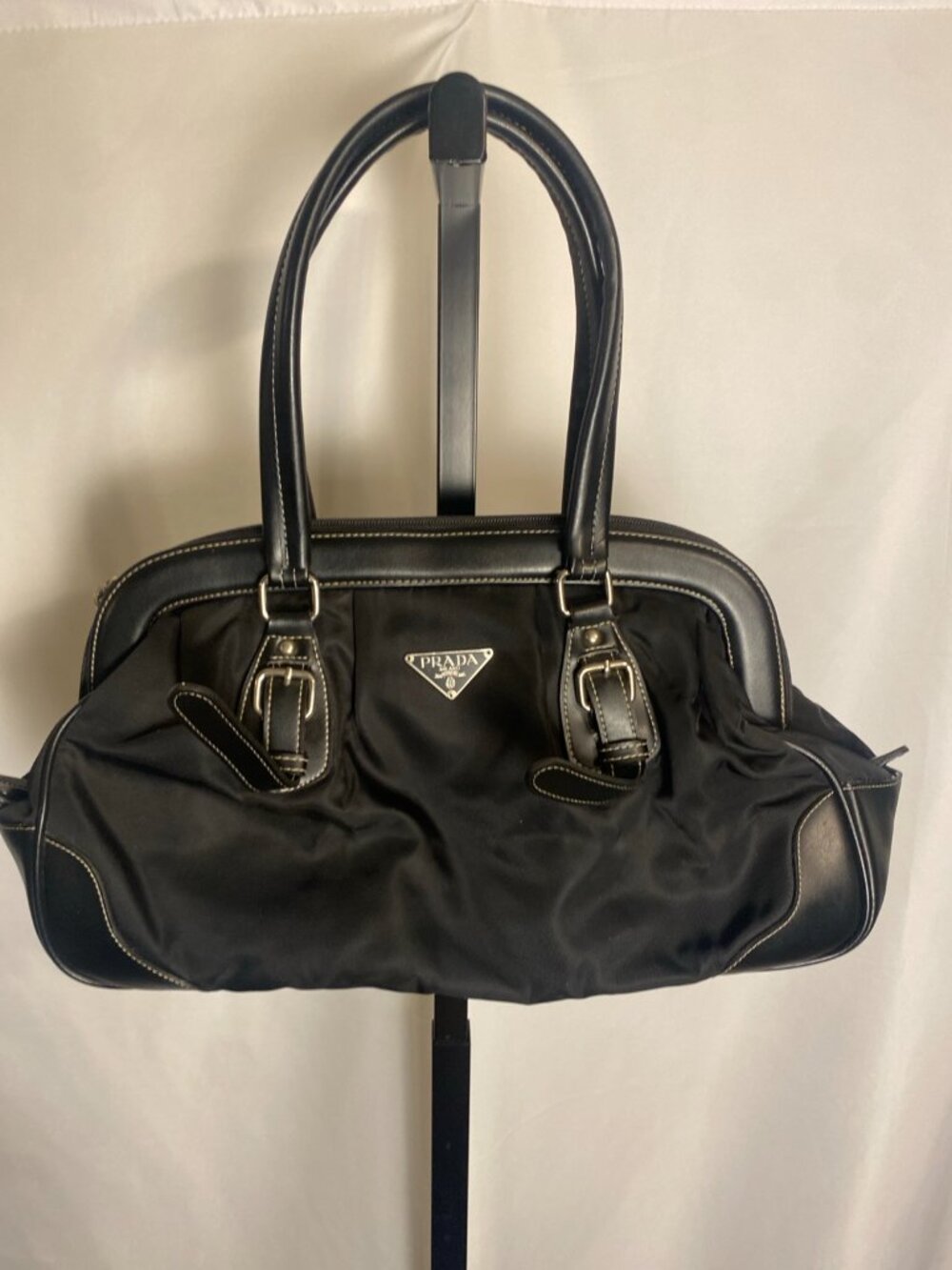 Prada Black Nylon Shoulder Bag Leather Trim Silver Logo Zip Top Handbag - Picture 3 of 9